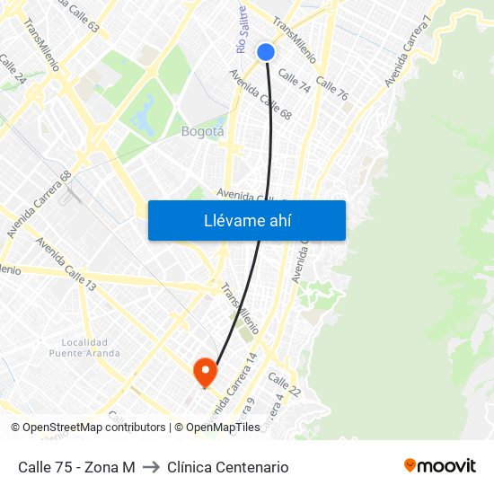 Calle 75 - Zona M to Clínica Centenario map