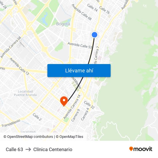 Calle 63 to Clínica Centenario map