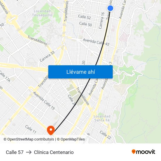 Calle 57 to Clínica Centenario map