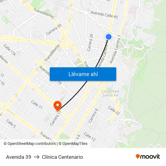 Avenida 39 to Clínica Centenario map