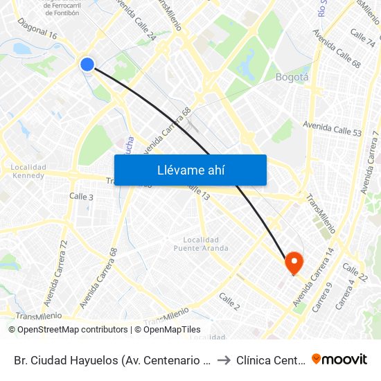 Br. Ciudad Hayuelos (Av. Centenario - Av. C. De Cali) to Clínica Centenario map