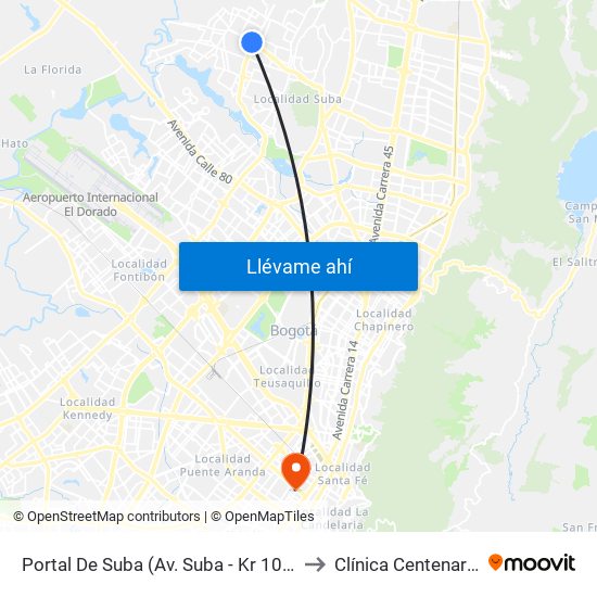 Portal De Suba (Av. Suba - Kr 106) to Clínica Centenario map