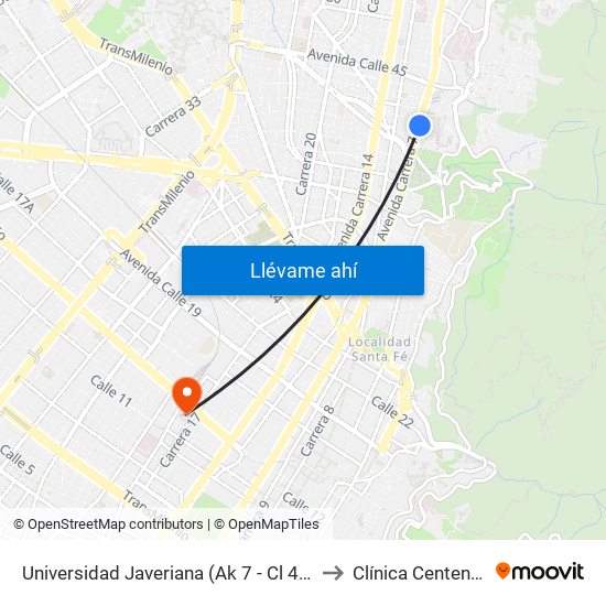 Universidad Javeriana (Ak 7 - Cl 40) (B) to Clínica Centenario map