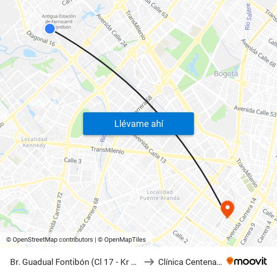 Br. Guadual Fontibón (Cl 17 - Kr 96h) to Clínica Centenario map