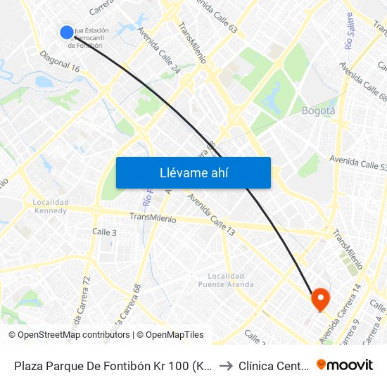 Plaza Parque De Fontibón Kr 100 (Kr 100 - Cl 17a) to Clínica Centenario map