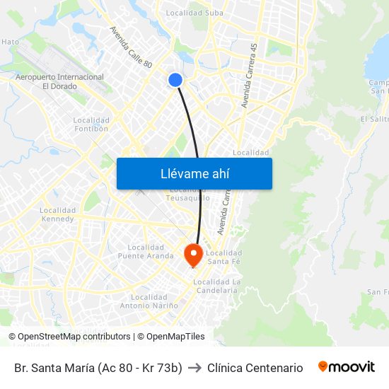 Br. Santa María (Ac 80 - Kr 73b) to Clínica Centenario map