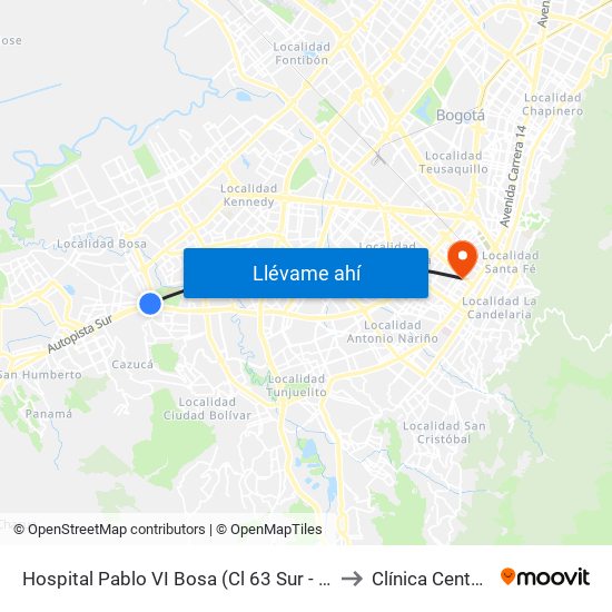Hospital Pablo VI Bosa (Cl 63 Sur - Kr 77g) (A) to Clínica Centenario map