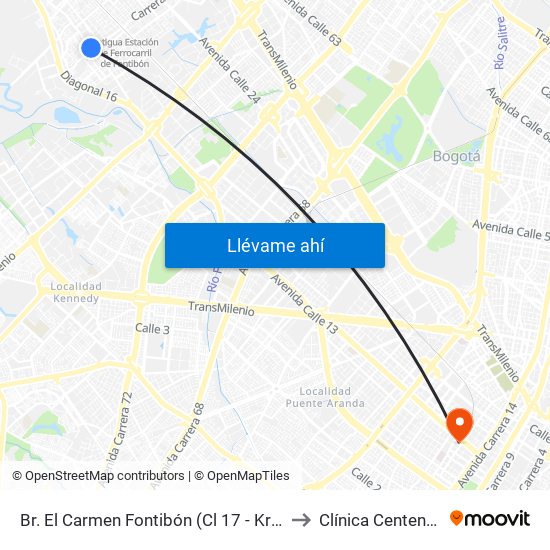 Br. El Carmen Fontibón (Cl 17 - Kr 100) to Clínica Centenario map