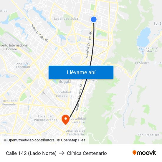 Calle 142 (Lado Norte) to Clínica Centenario map