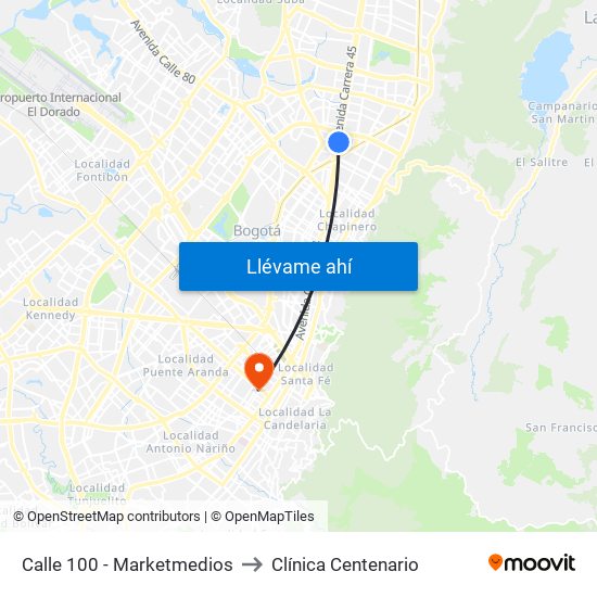 Calle 100 - Marketmedios to Clínica Centenario map