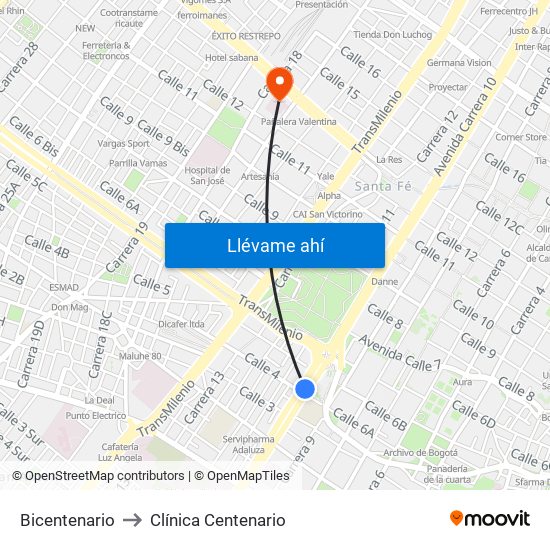 Bicentenario to Clínica Centenario map