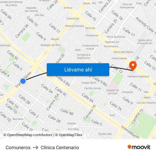Comuneros to Clínica Centenario map