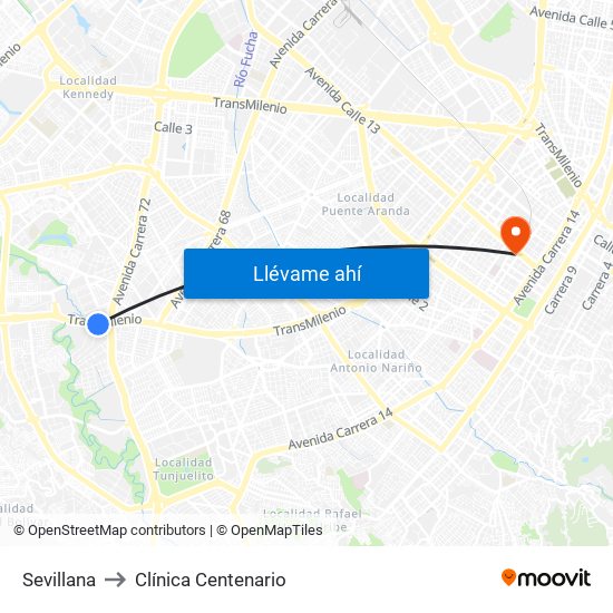Sevillana to Clínica Centenario map
