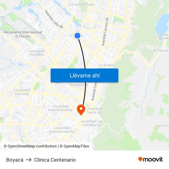 Boyacá to Clínica Centenario map