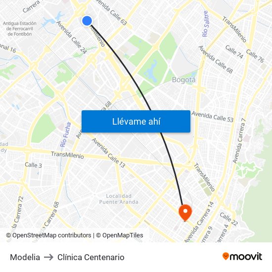 Modelia to Clínica Centenario map
