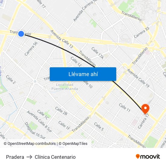 Pradera to Clínica Centenario map