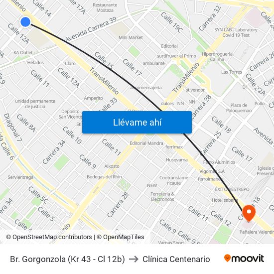 Br. Gorgonzola (Kr 43 - Cl 12b) to Clínica Centenario map