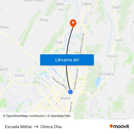Escuela Militar to Clínica Chia map