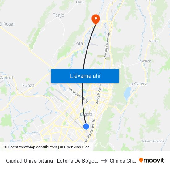 Ciudad Universitaria - Lotería De Bogotá to Clínica Chia map