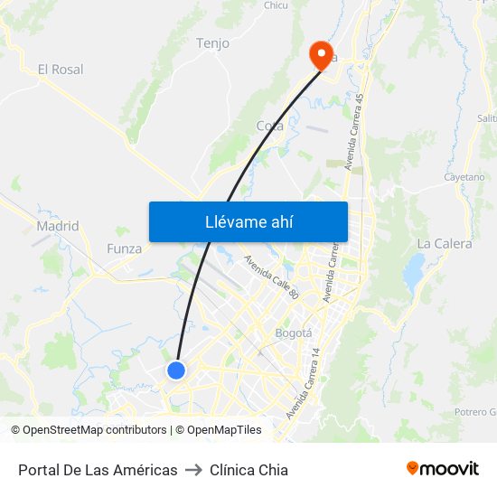 Portal De Las Américas to Clínica Chia map