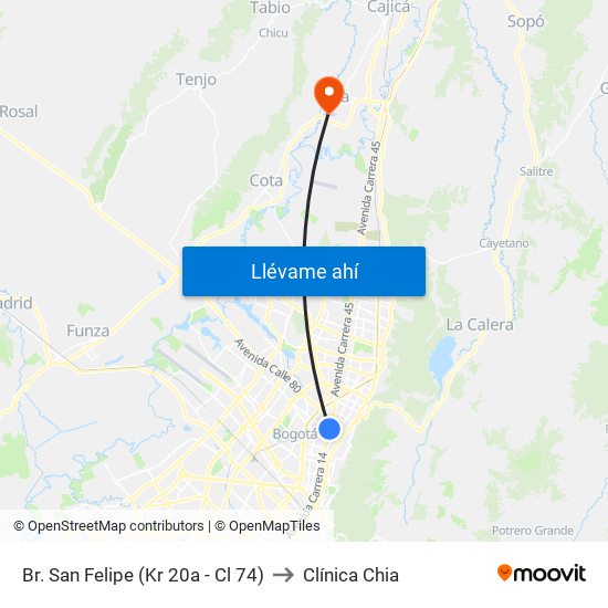 Br. San Felipe (Kr 20a - Cl 74) to Clínica Chia map