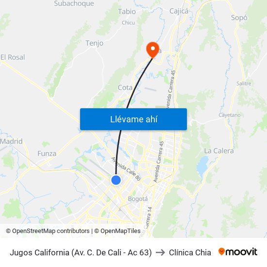 Jugos California (Av. C. De Cali - Ac 63) to Clínica Chia map