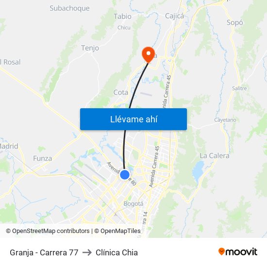 Granja - Carrera 77 to Clínica Chia map