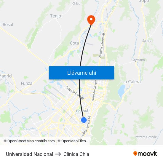 Universidad Nacional to Clínica Chia map