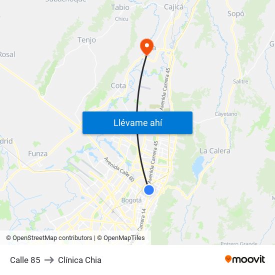 Calle 85 to Clínica Chia map