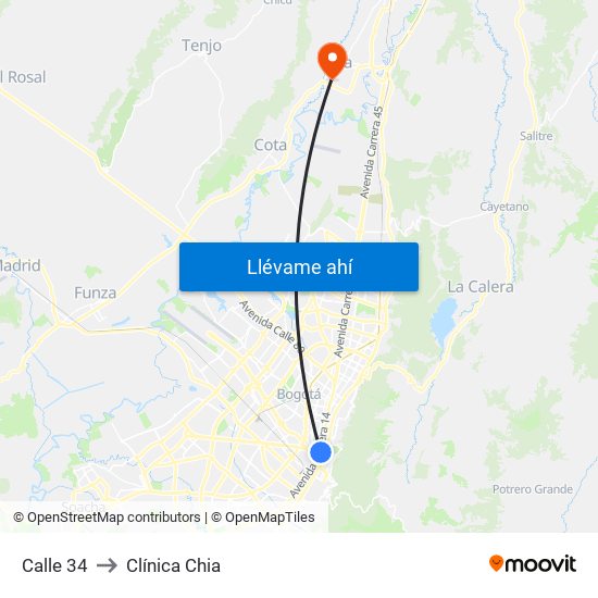 Calle 34 to Clínica Chia map