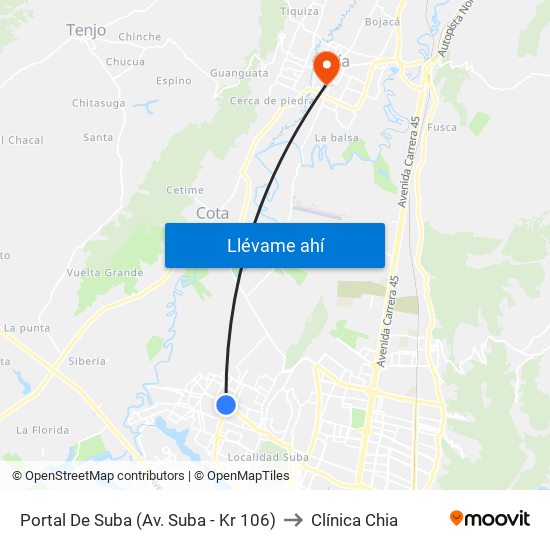 Portal De Suba (Av. Suba - Kr 106) to Clínica Chia map