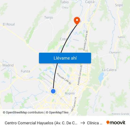 Centro Comercial Hayuelos (Av. C. De Cali - Cl 20) to Clínica Chia map