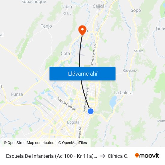 Escuela De Infantería (Ac 100 - Kr 11a) (B) to Clínica Chia map