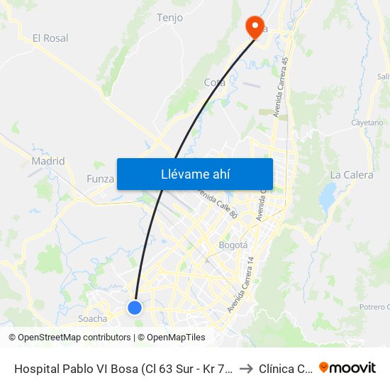 Hospital Pablo VI Bosa (Cl 63 Sur - Kr 77g) (A) to Clínica Chia map