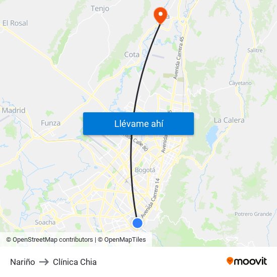 Nariño to Clínica Chia map
