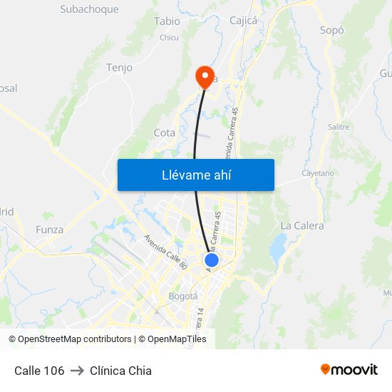 Calle 106 to Clínica Chia map