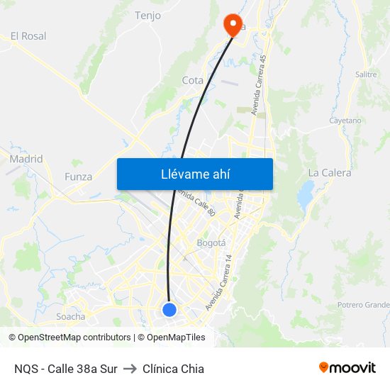 NQS - Calle 38a Sur to Clínica Chia map