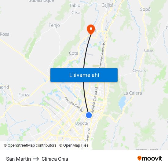 San Martín to Clínica Chia map