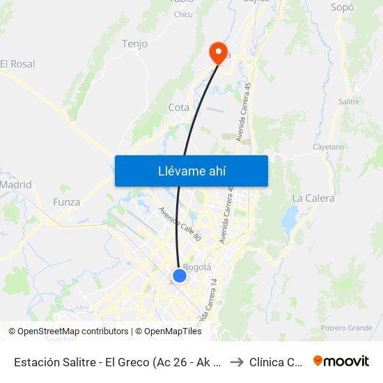 Estación Salitre - El Greco (Ac 26 - Ak 68) to Clínica Chia map