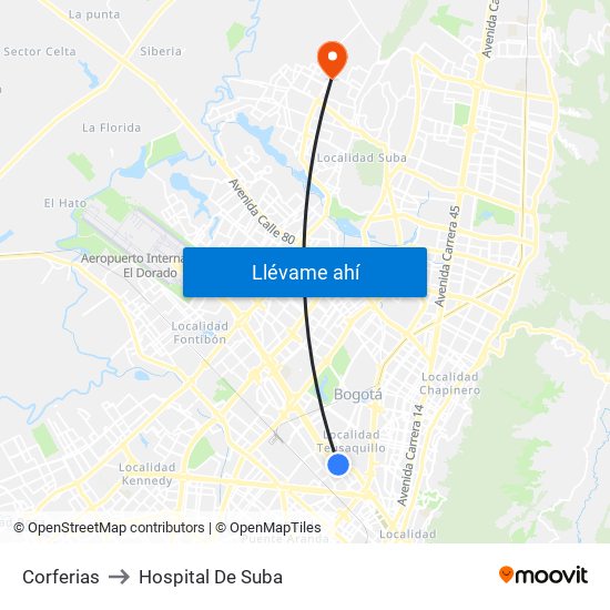 Corferias to Hospital De Suba map