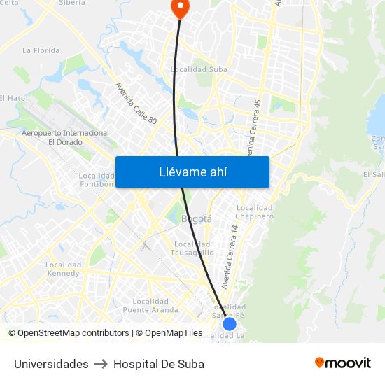 Universidades to Hospital De Suba map