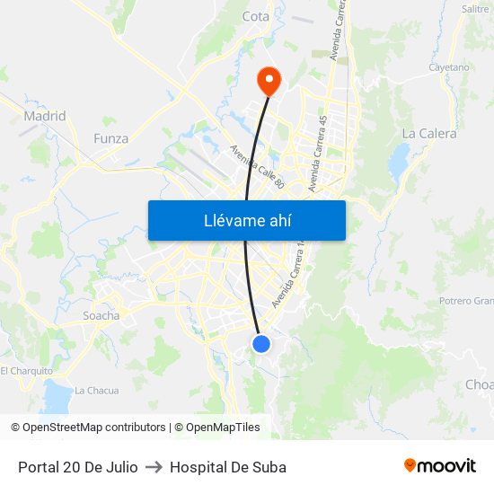 Portal 20 De Julio to Hospital De Suba map