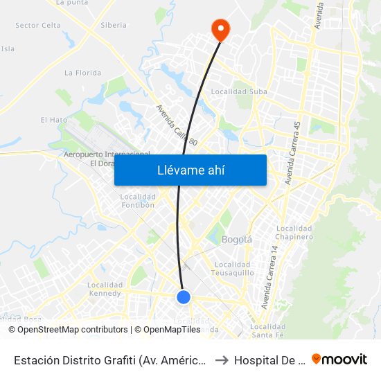 Estación Distrito Grafiti (Av. Américas - Kr 53a) to Hospital De Suba map