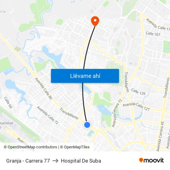 Granja - Carrera 77 to Hospital De Suba map