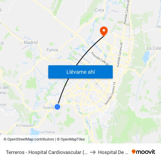 Terreros - Hospital Cardiovascular (Lado Sur) to Hospital De Suba map