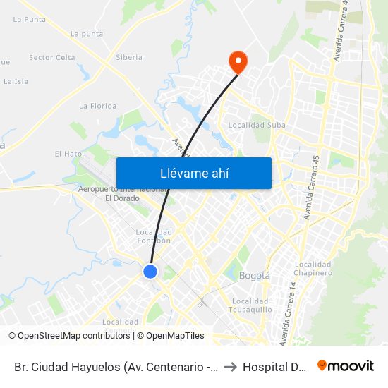 Br. Ciudad Hayuelos (Av. Centenario - Av. C. De Cali) to Hospital De Suba map