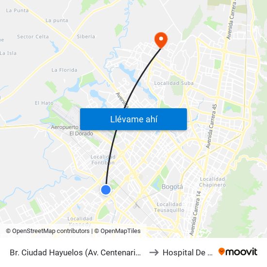 Br. Ciudad Hayuelos (Av. Centenario - Kr 78g) to Hospital De Suba map