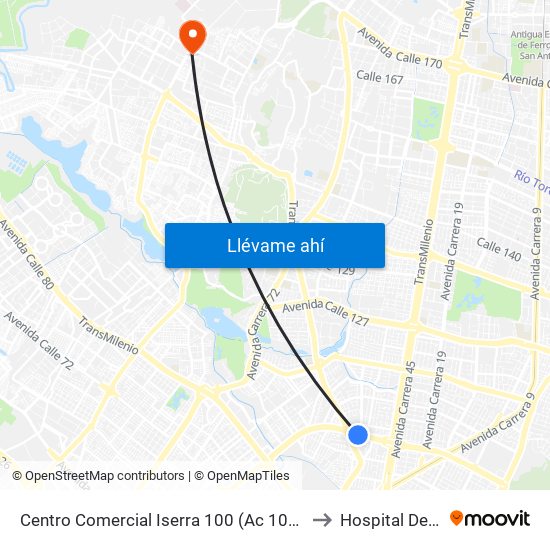 Centro Comercial Iserra 100 (Ac 100 - Kr 54) (B) to Hospital De Suba map