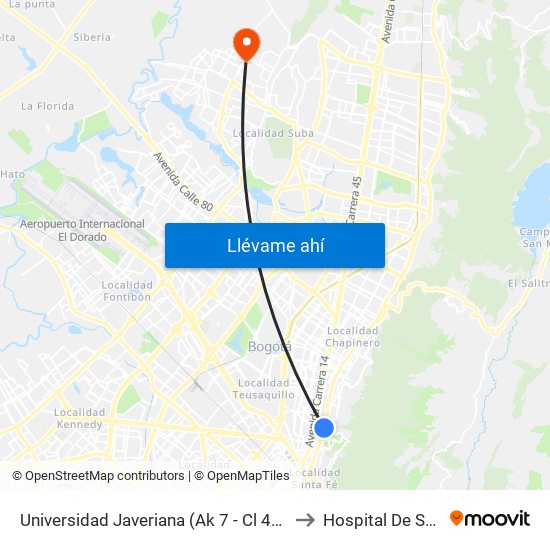 Universidad Javeriana (Ak 7 - Cl 40) (B) to Hospital De Suba map