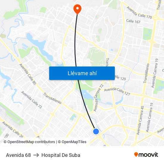 Avenida 68 to Hospital De Suba map